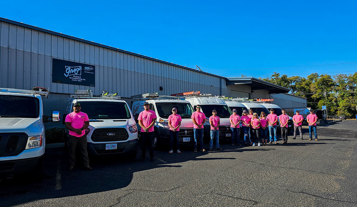 Greg's Heating and Air Conditioning team and fleet in front of the office location