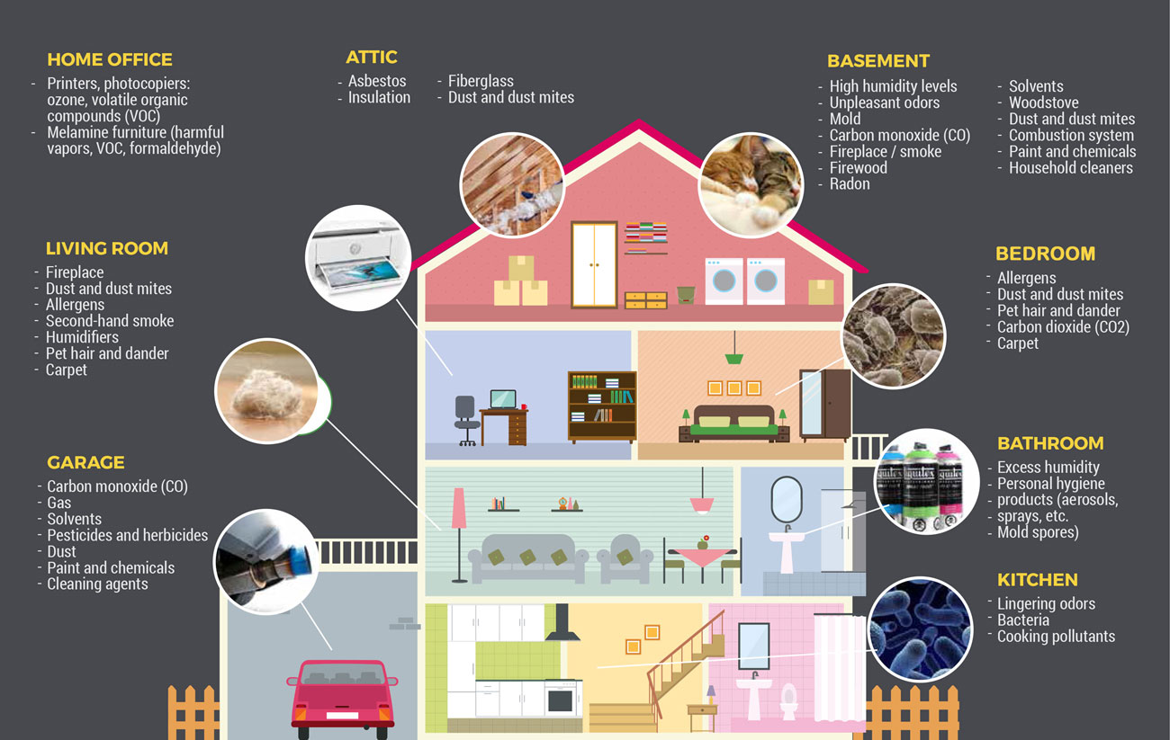 diagram of home indoor air pollutants. all text is listed above.